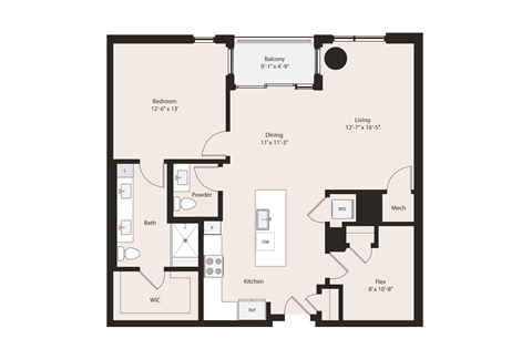 Deci A401 floor plan 1 bedroom plus den 1.5 bathrooms 1042 square feet